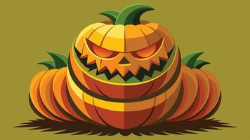Creative pumpkin carving design featuring multiple faces stacked on a colorful background during autumn festivities vector