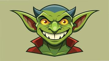 A mischievous green goblin character with pointed ears and a wide grin wearing a red collar, set against a beige background, captures a playful fantasy theme suitable for illustration vector