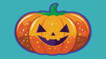 A cheerful cartoon jack o' lantern with a smiling face and sparkling effects against a bright turquoise background celebrates Halloween festivities vector