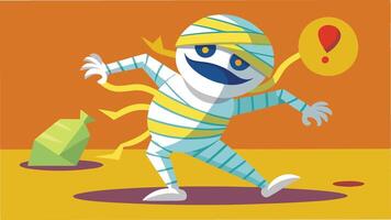 A playful cartoon mummy dances joyfully in a colorful landscape with trees and mountains during a bright sunset vector
