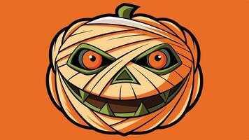 A playful cartoon-style pumpkin with a mischievous expression, wrapped in bandages, set against an orange background, capturing the essence of Halloween festivities vector