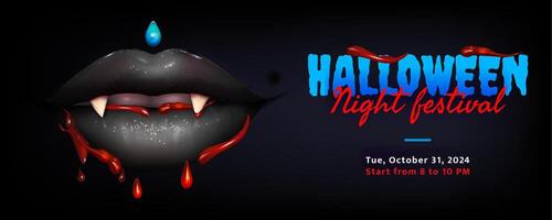 Realistic vampire black lips with bloody fangs. Open mouth with white teeth and drops of blood. Happy Halloween. Holiday invitation with place for text. Background of realistic 3d banner vector