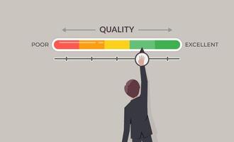Satisfaction and evaluation concept, businessman is pointing to change quality level indicator scale from poor to excellent vector