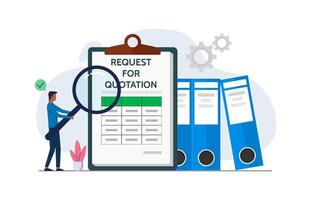 Request for quotation or invitation for bid concept. A man checking for RFQ documents to fulfil certain project vector