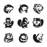 Set of black and white beaver icons vector
