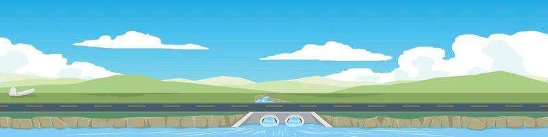 Landscape of empty asphalt road. Lush green hills stretch towards the horizon. Slopes gently descending to meet calm of water. Small dam or weir constructed of stone or concrete. vector