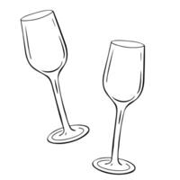two wine glasses outlined in black, with one glass standing upright and the other laid on its side, creating a minimalist and visually appealing composition. vector