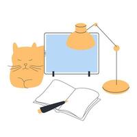 Workspace, study area with sleeping orange cat, computer monitor displaying a blue screen, an adjustable desk lamp, book, pen. The minimalistic color modern and clean aest vector