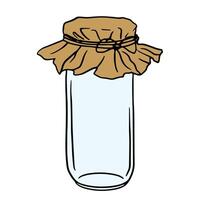 empty glass jar with craft paper cover isolated on white background, hand drawn doodle illustration. Home container for storage. color bottle for menu, cookbook, recipe, poster design. vector