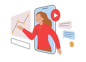 woman from a notebook screen, engaging viewer, graph, icons play, speech bubbles. digital communication, education, data analysis, online content. vector
