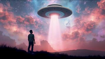 une homme est à la recherche à un extraterrestre vaisseau spatial en volant plus de lui video