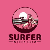 surfer logo with a combination of a man, waves, beach in isolated pink background vector
