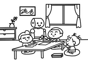 Robot talking with children coloring pages style. vector