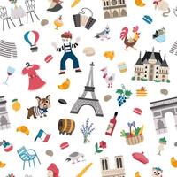 France symbols seamless pattern. Repeating background with French sights, food, Eiffel tower, animals, baguette, croissant. Cute Paris digital paper with palaces, castle, mime, macaroon vector