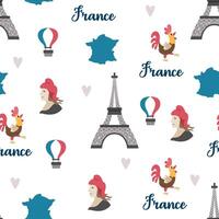 France symbols seamless pattern. Repeating background with Eiffel tower, Marianne, map, tricolor hot air balloon. Cute Paris digital paper with traditional attributes vector