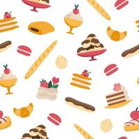 French dessert seamless pattern. Repeat background with baguette, croissant, eclair, cookie, cakes. Cute bakery of France digital paper with pies, mousse, macaroon, chocolate bun vector