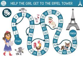 France dice board game for children with tourist girl with map going to Eiffel Tower. French boardgame with traditional symbols, animals. Printable touristic activity, worksheet for kids with Paris vector