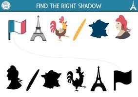 France shadow matching activity. French puzzle with Marianne, map, Eiffel Tower, rooster, baguette. Find correct silhouette printable worksheet. Funny page for kids with traditional symbols vector