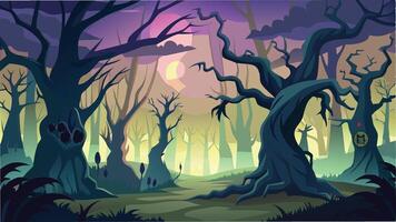 A mystical forest shrouded in fog with twisted trees and glowing rocks creates a mysterious atmosphere during twilight vector