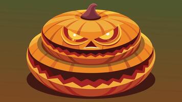 A mischievous pumpkin with a glaring face sits on a purple background, surrounded by green leaves, representing a festive Halloween theme for autumn celebrations vector