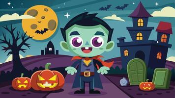 A cheerful cartoon character dressed for Halloween stands on a spooky path with a carved pumpkin and a haunted house under a full moon and bats in the background vector