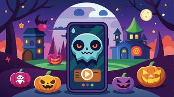 A playful skeleton character wearing a colorful hat stands against a Halloween themed background with pumpkins, bats, and a spooky castle at night vector