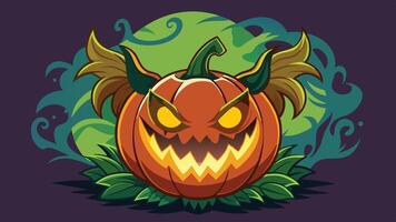 A carved Halloween pumpkin with glowing eyes and sharp teeth surrounded by vibrant green leaves on a dark blue background vector