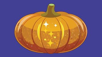 A cheerful cartoon jack-o -lantern with a smiling face and sparkling effects against a bright turquoise background celebrates Halloween festivities vector