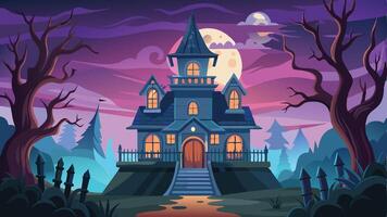 A spooky haunted house illuminated by moonlight with a flying bat in a mystical landscape during twilight vector