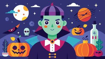 A playful character dressed as a vampire in a festive Halloween setting with pumpkins, bats, and spooky decorations during nighttime vector
