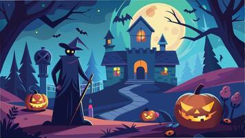A mysterious witch stands in front of a haunting castle illuminated by a full moon on a spooky Halloween night, surrounded by glowing jack-o -lanterns and eerie bats vector