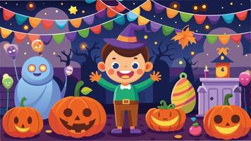 A playful character celebrates Halloween in a festive setting filled with carved pumpkins and colorful decorations during the evening with a spooky backdrop vector