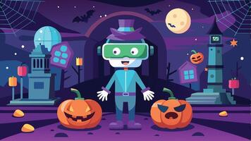 A festive character in a spooky Halloween setting with carved pumpkins, bats, and a full moon, showcasing a playful and colorful atmosphere during the Halloween celebration vector