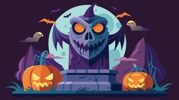 A spooky Halloween scene featuring a ghostly statue, carved pumpkins, and bats, set against a colorful background with mountains and a full moon during the night vector