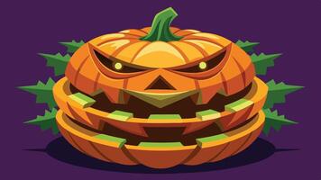 A mischievous pumpkin with a glaring face sits on a purple background, surrounded by green leaves, representing a festive Halloween theme for autumn celebrations vector