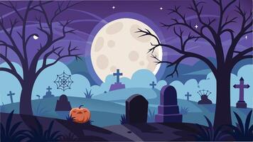 A spooky graveyard scene under a full moon with tombstones, bare trees, and a pumpkin, creating a chilling atmosphere perfect for Halloween vector