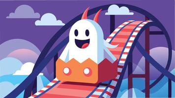 A cheerful cartoon character stands on a roller coaster track, surrounded by colorful hills and a starry night sky, evoking a sense of fun and adventure at an amusement park vector