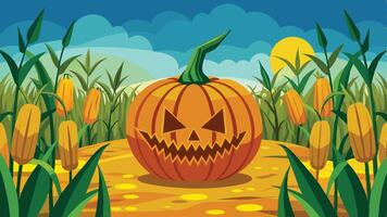 A spooky pumpkin with a grinning face sits amidst a field of corn under a bright sun against a scenic backdrop of rolling clouds in autumn vector