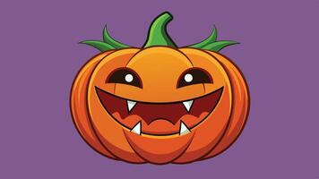 A cheerful Halloween pumpkin with a wide grin and sharp teeth, set against a green background, captures the spirit of festive decorations and seasonal fun vector