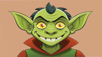 A mischievous green goblin character with pointed ears and a wide grin wearing a red collar, set against a beige background, captures a playful fantasy theme suitable for illustration vector