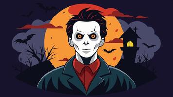 A green skinned monster with piercing eyes stands against a full moon backdrop, surrounded by bats and silhouetted gravestones during a spooky night vector