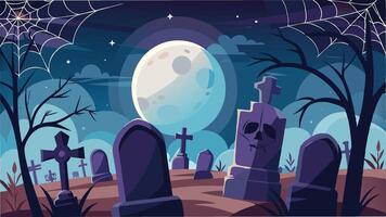 A spooky graveyard scene under a full moon with tombstones, bare trees, and a pumpkin, creating a chilling atmosphere perfect for Halloween vector