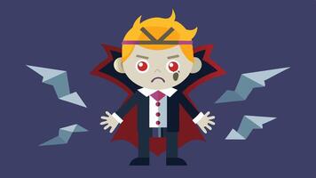 A colorful character wearing a crown and a cape stands against a purple backdrop with lightning bolts and clouds while displaying a serious expression vector