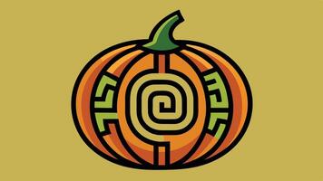 Colorful pumpkin design featuring an intricate green labyrinth pattern carved into its surface, set against a vibrant yellow background vector