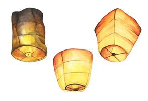Watercolor painting of Paper lantern, Floating lanterns in the sky. Making a Wish. vector