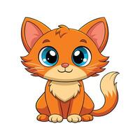 Cartoon-style orange kitten with large blue eyes and a cheerful expression, sitting with its front paws together. vector