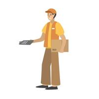 Warehouse delivery service. Warehouse worker. Courier delivery package. Fast distribution. Express distribution. Online shopping distribution. Postman. Post delivery. vector