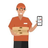 Pizza delivery courier. Delivery worker. Food distribution. Home delivery. Free delivery. Fast delivery. Delivered package. vector