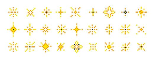 Pixel art glitter stars set in 8bit retro style. Pixelated sparkles or firework bursts. Sparkling elements, shiny sparks illustration. Collection of simple minimal yellow twinkle shining icons vector