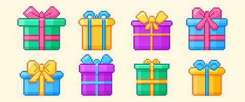 Pixel art happy birthday gift boxes set with lids and ribbon bows. Y2k trendy pixelated icons of color present packages with bowknots in 8bit retro style. Holiday packaging for bday party or surprises vector